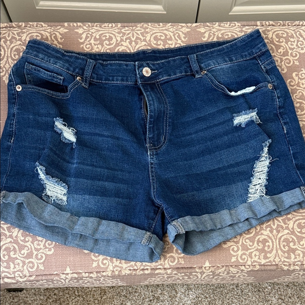 Classic Dark Blue Distressed Denim Jean Shorts